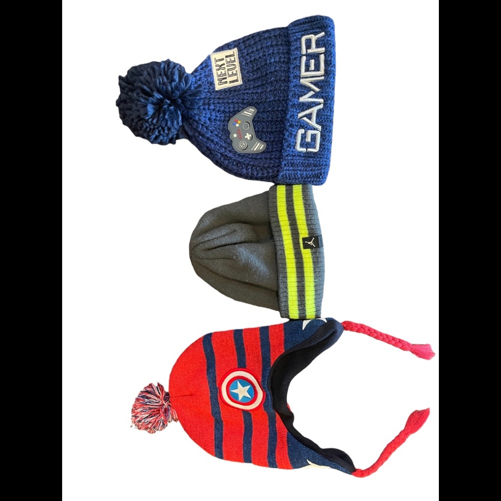 3 Beanies Gray Jordan, Gamer and Red Captain America
